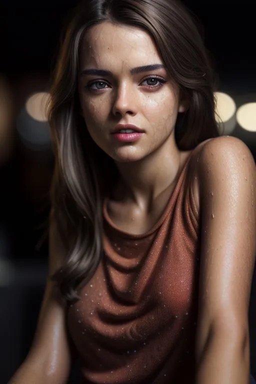 The photo is of a young woman with long, flowing hair. She is wearing a brown top and has a pensive expression on her face. The background is blurry and out of focus. The woman's skin is flawless and her eyes are a deep brown. She is very beautiful and looks like she is in her early twenties.