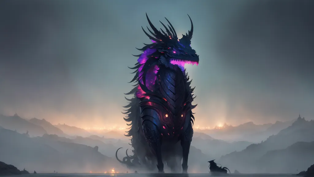 The dragon is a fearsome creature with a long, serpentine body, covered in black scales. It has a pair of massive wings, and a long, spiked tail. The dragon's head is狰狞, with a pair of sharp horns and a mouth full of sharp teeth. The dragon is standing on the shore of a lake, and there is a small boat in the water nearby. A man is standing in the boat, and he is looking up at the dragon in fear.