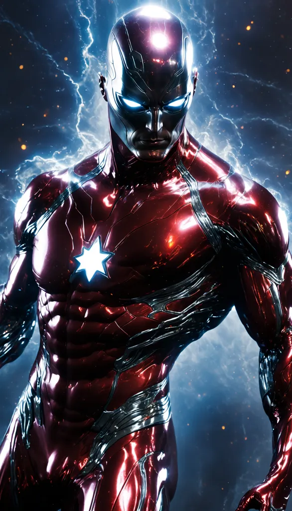 The image shows a superhero wearing a red and silver suit. The superhero is standing in a powerful pose, with his fists clenched and his eyes glowing. There is lightning in the background.