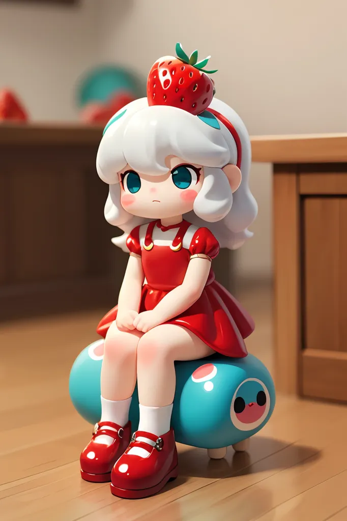 The image shows a cute anime girl with white hair and blue eyes. She is wearing a red dress and red shoes. She is sitting on a blue and white creature that looks like a seal. The girl is holding a strawberry in her left hand. She has a small, happy smile on her face. The background is a blurred kitchen.