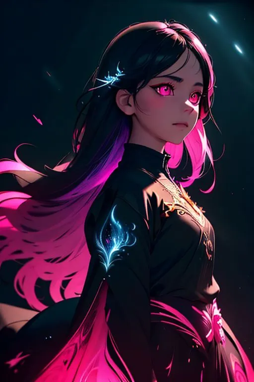 The picture shows a beautiful anime girl with long flowing pink and black hair. She is wearing a black dress with pink details. Her eyes are pink and her skin is pale. She has a serious expression on her face. The background is dark with some bright spots.