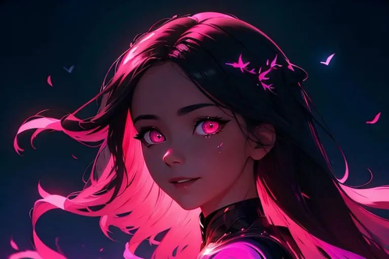 A beautiful anime girl with pink hair and eyes. She is wearing a black and pink outfit. She has a confident smile on her face. The background is dark with a hint of light. The overall tone of the image is mysterious and intriguing.