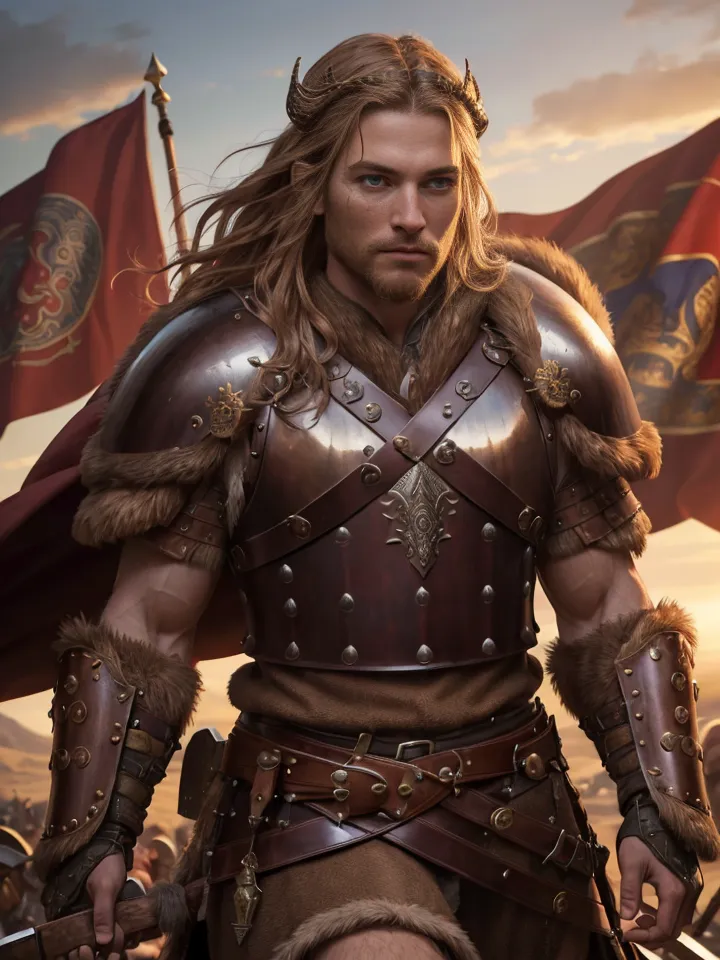 This is a picture of a warrior. He appears to be of royal descent, as he is wearing a crown and has a cape. The warrior is dressed in armor and is carrying a sword. He has a determined look on his face, as if he is about to engage in battle.