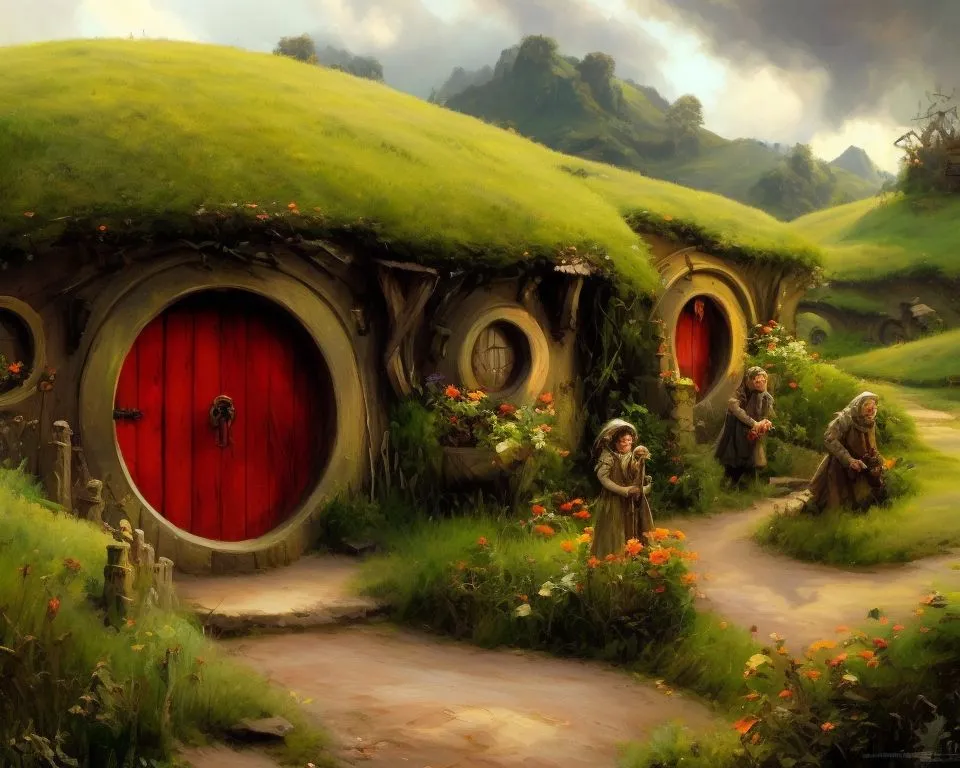 The image is a painting of a hobbit hole. It is a round, hobbit-sized home with a red door. The hobbit hole is built into a hill, and there is a path leading up to it. The path is surrounded by flowers, and there are trees and hills in the background. There are 3 hobbits outside their homes.