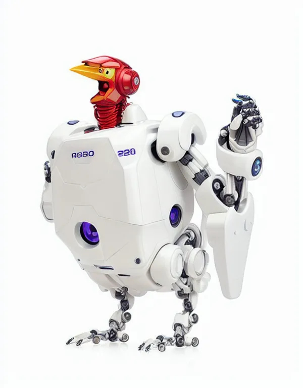 The image depicts a white robot with a red head and a beak-like mouth. It has a round body and two arms with hands that have three fingers each. The robot also has two legs with wheels for feet. It is standing on a white surface and has a neutral expression on its face.