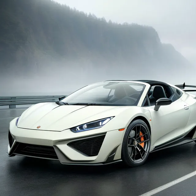 The image shows a white W Motors Fenyr SuperSport parked on an asphalt road. The car has a sleek design, with a low profile and a long hood. It has a large front grille and sharp headlights. The car is also equipped with a rear spoiler and a diffuser. The background of the image is a blurred mountain landscape.