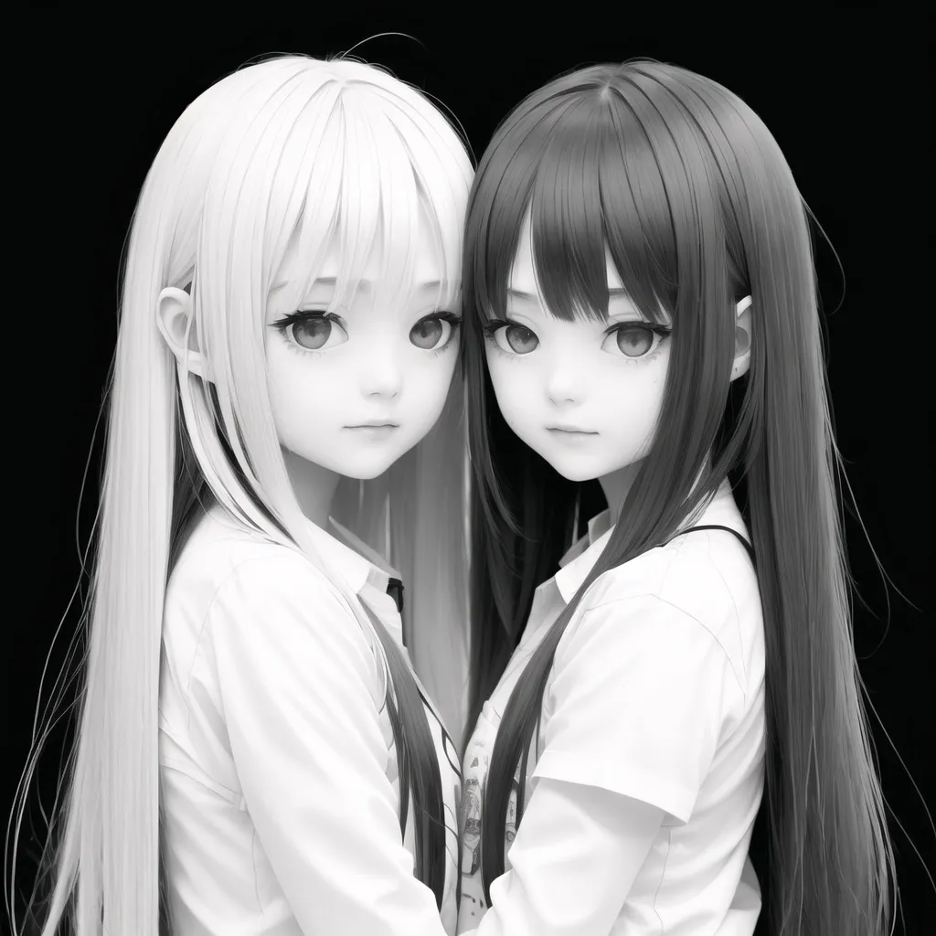 The image is a black and white portrait of two anime girls with long hair. The girl on the left has white hair and the girl on the right has black hair. They are both wearing white shirts and have their arms around each other. The background is black.