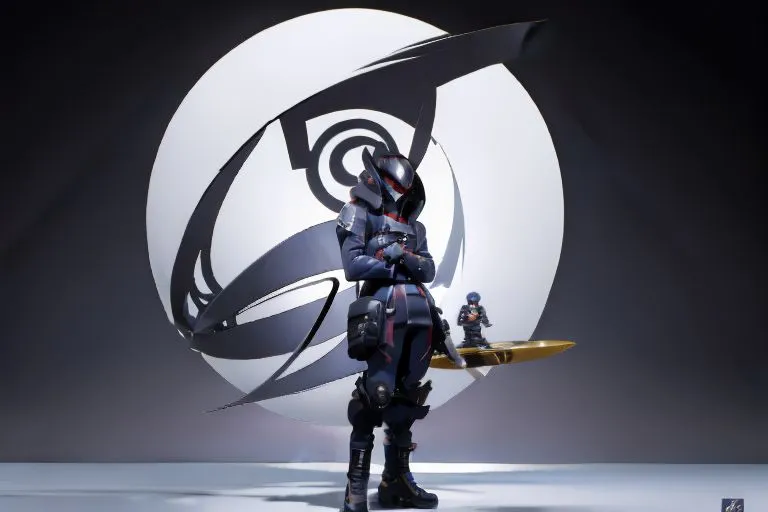 A warrior stands in front of a white circle with a black symbol on it. The warrior is wearing black and gray armor and has a sword on their back. They are looking at the viewer with a determined expression.