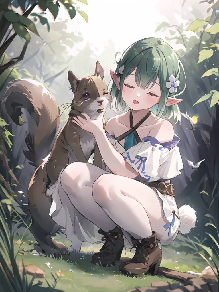 The image is a beautiful anime girl with long green hair and pointy ears. She is wearing a white dress with a blue sash and brown boots. She is kneeling on the ground and petting a squirrel. The squirrel is sitting on her lap and eating a nut. The girl has a happy smile on her face. The background is a forest with green trees and flowers.