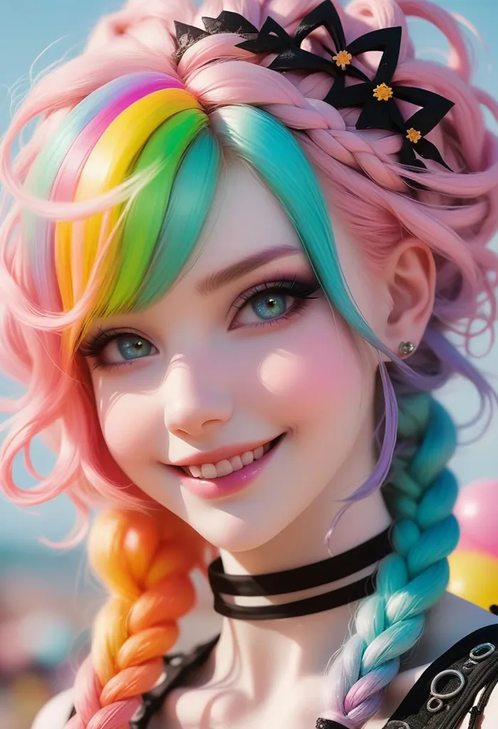 This is a picture of a beautiful anime girl with long pink hair. The tips of her hair are dyed blue, yellow, green, and orange. She has blue eyes and a bright smile. She is wearing a black choker with a pink gem in the center. She is also wearing a black and pink dress with a white collar. The background is white.