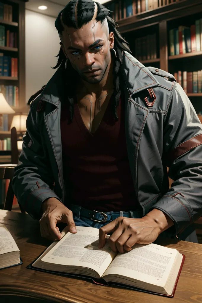 The man is reading a book in a library. He is wearing a black shirt and a gray coat. He has a lot of books on the table. He is sitting in a comfortable chair. He has his hands on the book. He is looking at the book. He is reading the book.