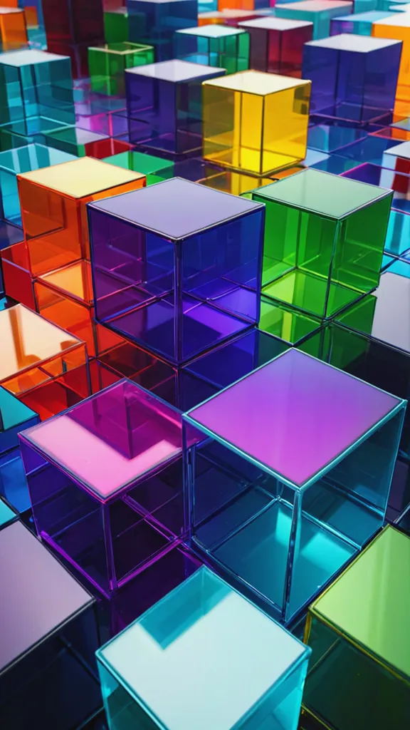 The image is of a bunch of 3D cubes of different colors. The cubes are arranged in a staggered pattern. The colors of the cubes are bright and saturated. The cubes are reflecting the colors of the other cubes, creating a rainbow effect. The image has a very modern and abstract feel to it.