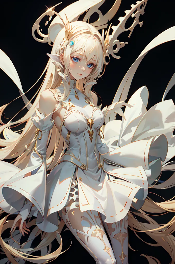 The picture shows a beautiful anime girl with long white hair and blue eyes. She is wearing a white dress with a golden corset and has a serious expression on her face. She is standing in front of a dark background with a glowing white light surrounding her.