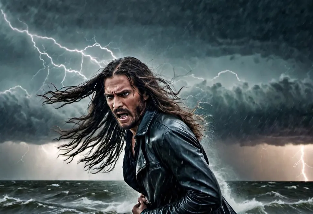 The man stood on the deck of the ship, his long hair blowing in the wind. The storm was raging around him, but he didn't seem to notice. His eyes were fixed on the horizon, and his face was set in a determined expression. He was determined to reach his destination, no matter what the cost.