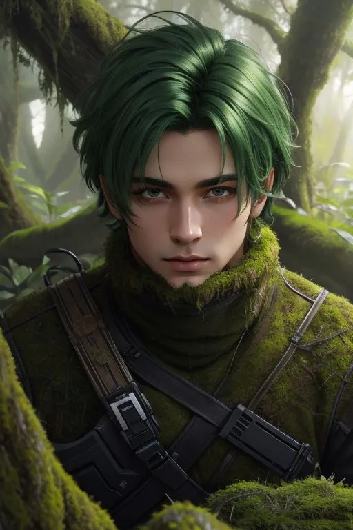 The picture shows a young man with green hair and green eyes. He is wearing a green shirt and a brown vest. He has a serious expression on his face. He is standing in a forest, and there are trees and leaves all around him.