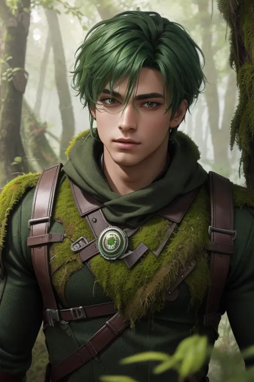 This is a picture of a man with green hair and green eyes. He is wearing a green shirt and brown vest. He looks like he is in a forest. He has a determined look on his face.