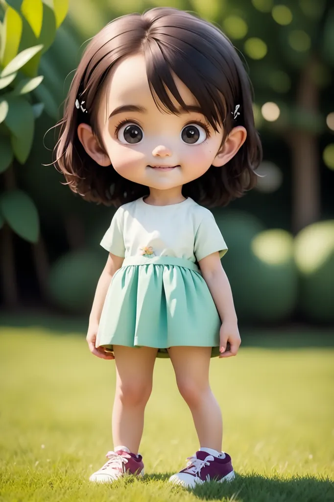 The image shows a cute little girl with short brown hair and big brown eyes. She is wearing a white shirt, a green skirt, and pink shoes. She is standing on a green field, surrounded by tall grass. The background is blurred, and the light is shining down on the girl. She has a sweet smile on her face, and she looks like she is enjoying the sunshine.