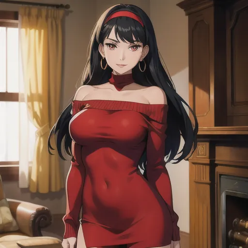 The picture shows a beautiful young woman with long black hair and brown eyes. She is wearing a red off-the-shoulder dress that hugs her curves perfectly. The dress is short, showing off her long legs. She is standing in a living room, with a fireplace and a couch behind her. The woman is looking at the viewer with a confident and seductive expression on her face.