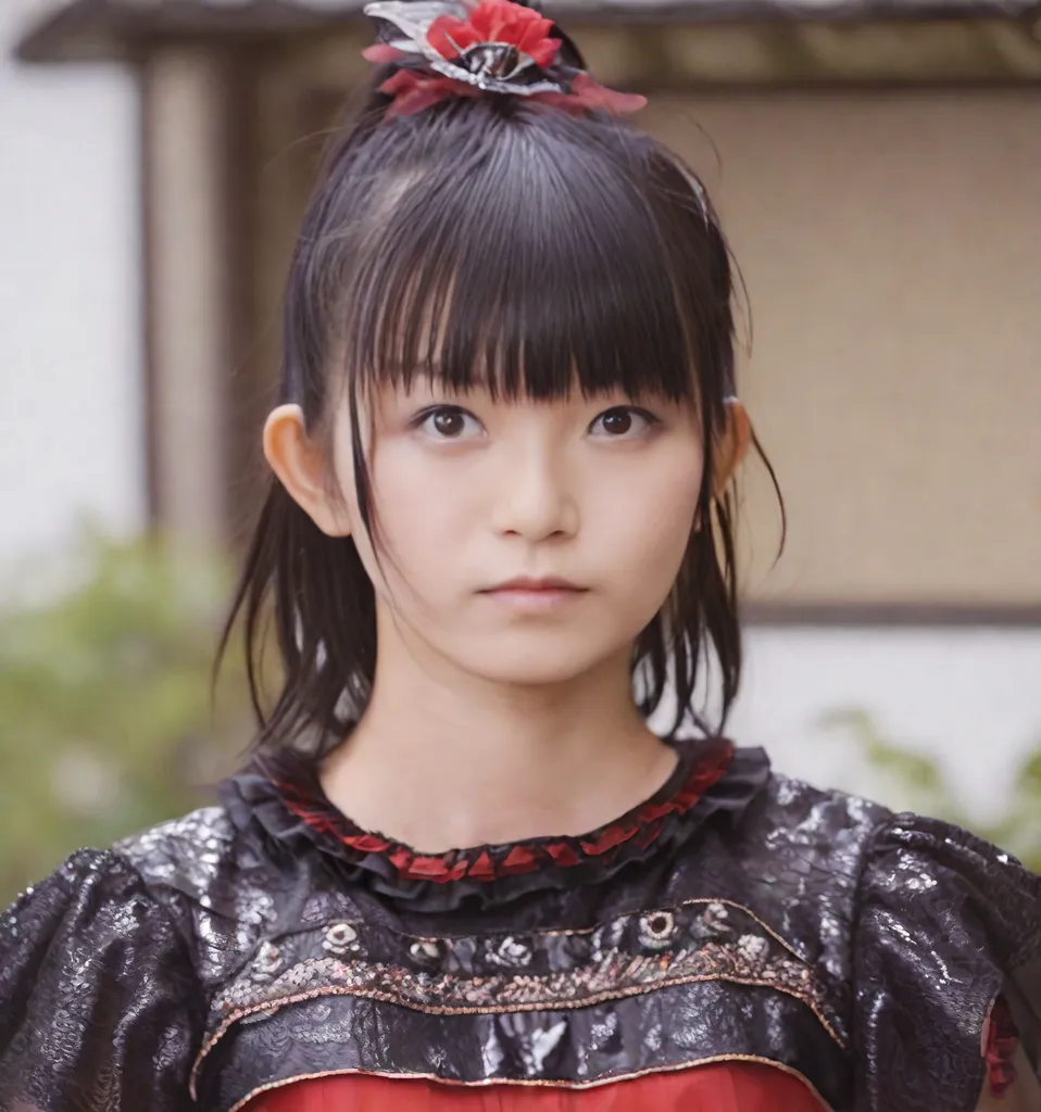 This is a photo of a young Japanese girl with long black hair and bangs. She has brown eyes and is wearing a red and black dress with a white collar. She is also wearing a red and black hair bow. The background is blurred, and the girl is looking at the camera with a serious expression.