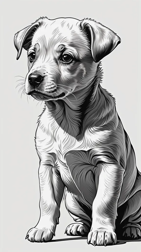 The image is a black and white sketch of a puppy. The puppy is sitting with its head turned slightly to the left. It has short fur and a small, pointed nose. Its eyes are dark and round, and its ears are perked up. The puppy's tail is wagging, and it looks like it is happy and playful.