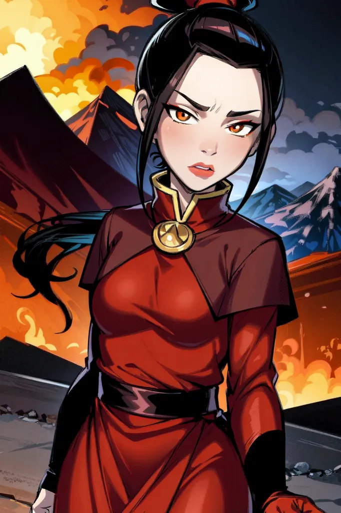 The image is of Azula from Avatar the Last Airbender. She is standing in a fighting stance, with her fists clenched and her feet shoulder-width apart. She is wearing her iconic red and black outfit, and her hair is in a ponytail. The background is a fiery orange, with a large volcano in the distance. Azula's expression is one of determination and focus, and she looks ready to fight.