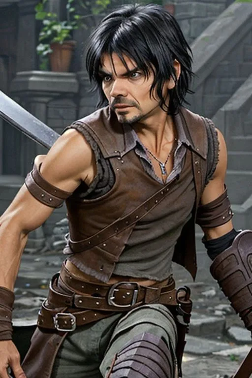 This is a picture of a man with long black hair. He is wearing a brown leather vest and a white shirt. He has a sword on his back and a dagger on his hip. He looks like he is ready for battle.