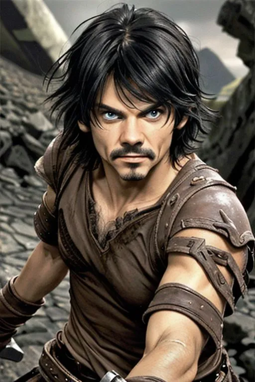 This is a picture of a man with long black hair, blue eyes, and a beard. He is wearing a brown leather vest and has a sword in his hand. He looks like he is ready for battle.