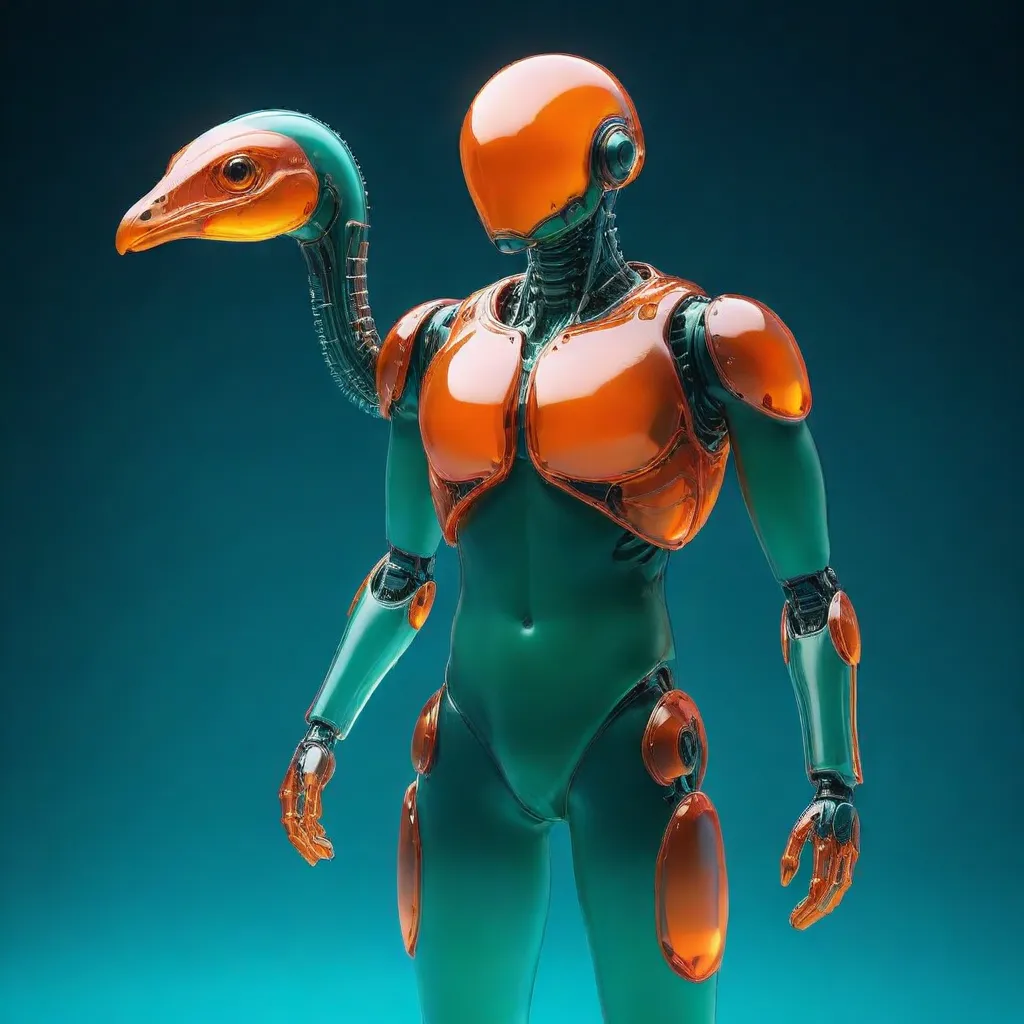 The image depicts a  humanoid robot with an ostrich-like head. The robot's body is made of a green metal, with orange accents. The robot's eyes are black and its face is expressionless. The robot is standing in a relaxed pose, with its arms at its sides. The background is a dark blue color, which makes the robot stand out.