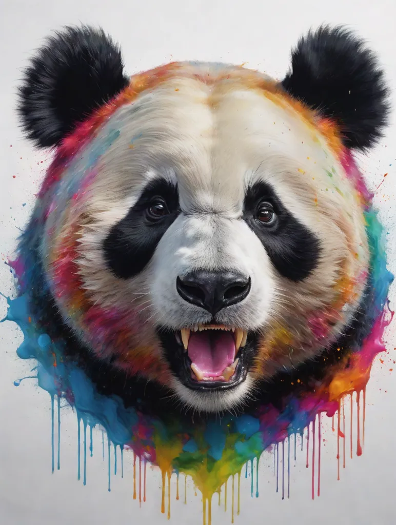 This is a watercolor painting of a panda. The panda is facing the viewer with its mouth open and its tongue out. The panda's fur is black and white, and the background is a rainbow of colors. The painting has a very cartoonish style, and the panda looks very friendly and playful.