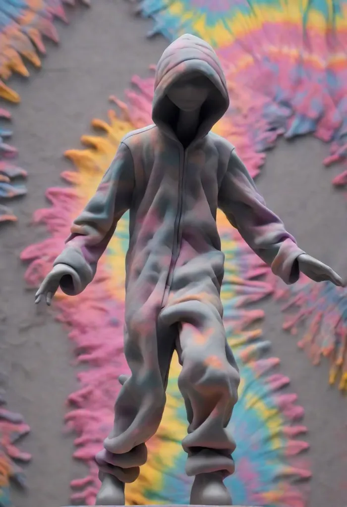 This is a 3D rendering of a person wearing a one-piece pajamas with a hood. The figure is standing with its arms outstretched in front of a tie-dye background that resembles a tie-dye pattern. The figure's pose suggests that it is in a state of motion.