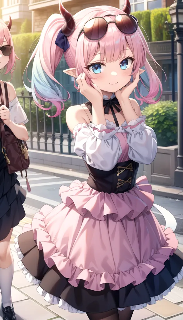 The image shows an anime girl with pink hair and blue eyes. She is wearing a pink dress with a white collar and black sleeves. She also has a pair of sunglasses on her head. She is standing in a city street and there is another girl with a similar outfit walking behind her.