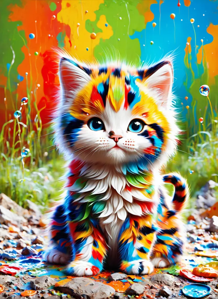 A multi-colored cat is sitting on the ground outside. The cat has blue eyes and a pink nose. Its fur is a rainbow of colors, including red, orange, yellow, green, blue, and purple. The ground is covered in colorful flowers and grass. The background is a bright yellow. The cat is looking at the viewer with a curious expression.