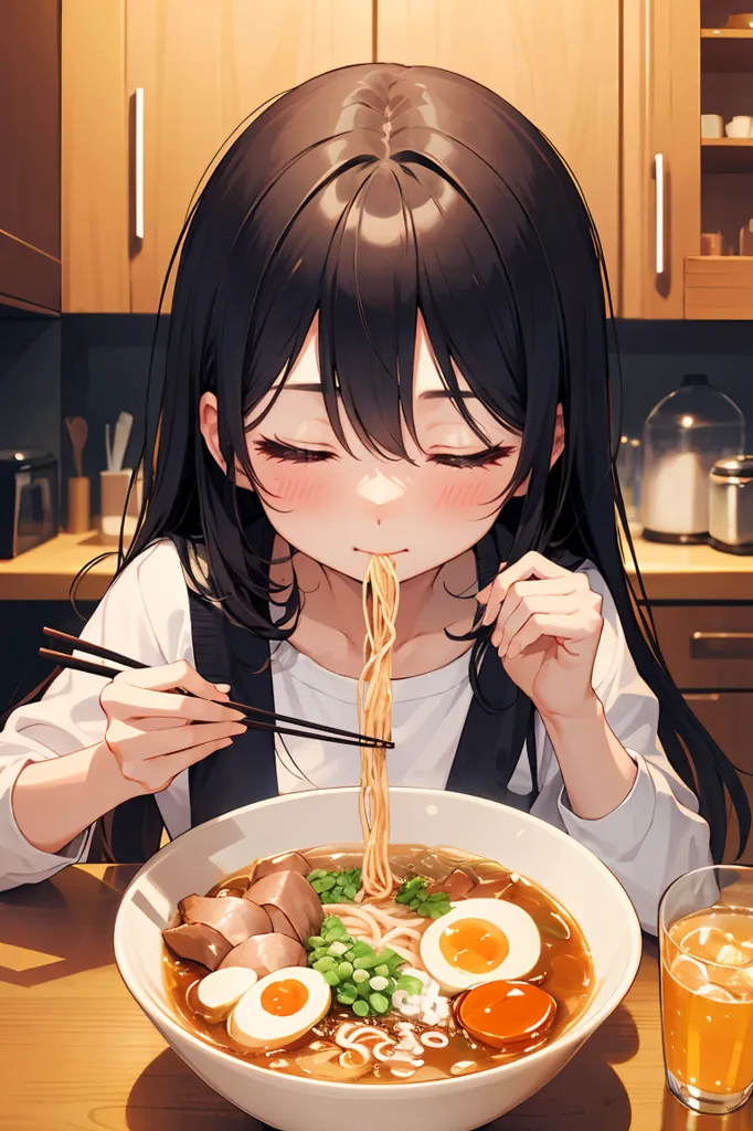 The image shows a young girl with long black hair eating a bowl of ramen. She is sitting at a table in a kitchen. The girl has her eyes closed and a smile on her face. She is holding chopsticks in her right hand and is slurping the noodles from the bowl with her left hand. The bowl is filled with ramen noodles, broth, and various toppings, including slices of pork, half of a boiled egg, and green onions. There is also a glass of orange juice on the table. The background of the image is a kitchen counter with various kitchen appliances and utensils on it. The overall tone of the image is warm and inviting.