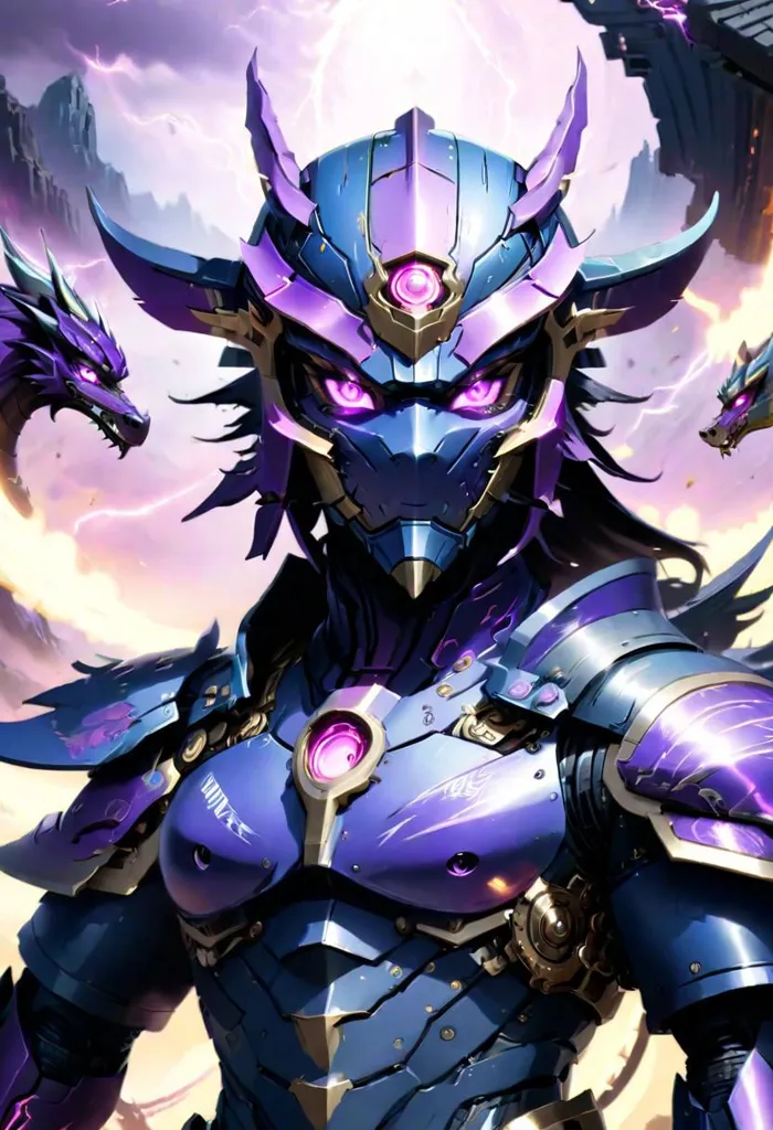 In the middle of a battlefield, a lone warrior stands tall. Clad in purple armor and a helmet that conceals their face, they are a beacon of hope for their allies and a symbol of fear for their enemies. The warrior's eyes glow with determination as they face off against an army of dragons. The dragons are powerful and fearsome, but the warrior is undeterred. They know that they must fight for the survival of their people, and they are willing to sacrifice their own life in order to do so. The warrior charges into battle, their sword raised high. They are ready to fight for what is right, and they will not rest until victory is achieved.