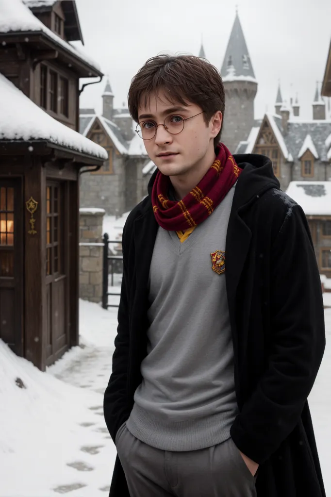 This is a picture of Harry Potter, a fictional character and the protagonist of J. K. Rowling's fantasy book series of the same name. He is portrayed by actor Daniel Radcliffe in the film adaptations of the books. In this photo, Harry is wearing his Hogwarts uniform, which consists of a grey sweater, a white shirt, and a red and gold tie. He is also wearing a black coat and a red and gold scarf. He is standing in a snowy courtyard, with Hogwarts Castle in the background.