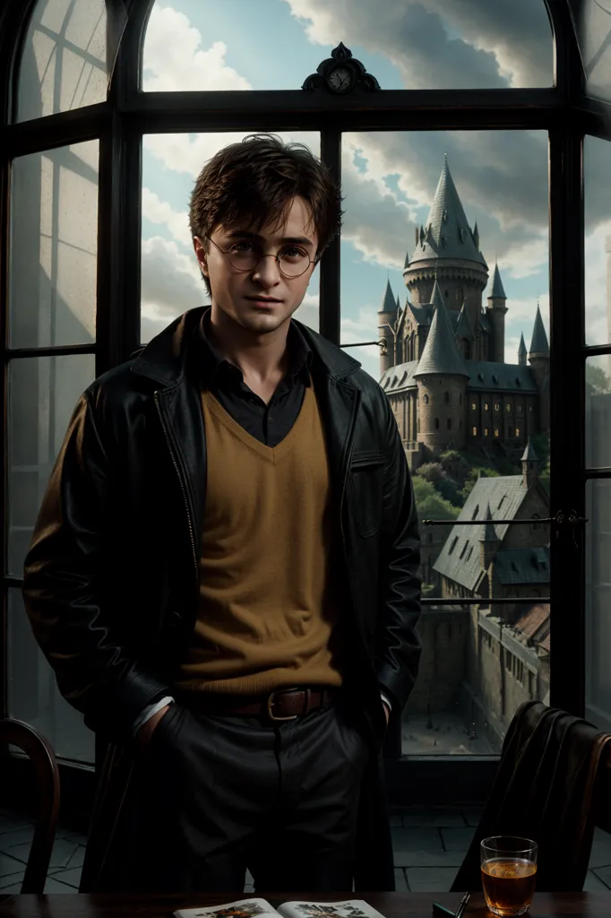 This is a picture of Harry Potter, a character from the Harry Potter series. He is standing in a room, looking out the window at Hogwarts, his school. He is wearing a black leather jacket, a yellow sweater, and dark pants. He has his hands in his pockets and is looking thoughtful.