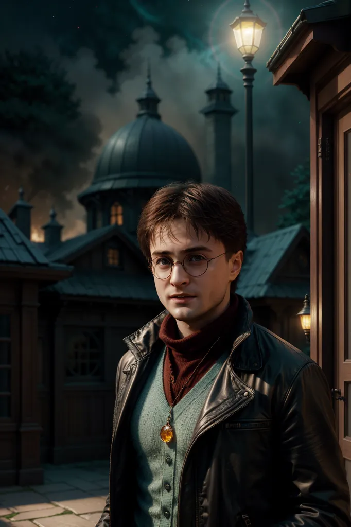 This is a picture of Harry Potter, a character from the Harry Potter series. He is standing in a dark alleyway, wearing a leather jacket and a scarf. He has his wand in his hand, and he is looking at something off-camera. The background is blurry, but it looks like there are buildings and trees in the distance. The picture is dark and moody, and it captures the feeling of danger and excitement that is often present in the Harry Potter books.