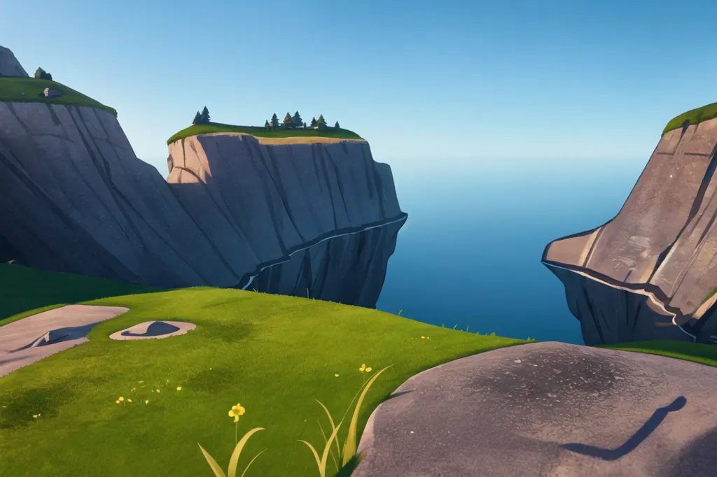 Shown is a large cliff overlooking the ocean. The cliff is covered in green grass and yellow flowers, and there are several large rocks on the cliffside. The ocean is a deep blue color, and the sky is clear and blue. There are also some trees on the cliff.