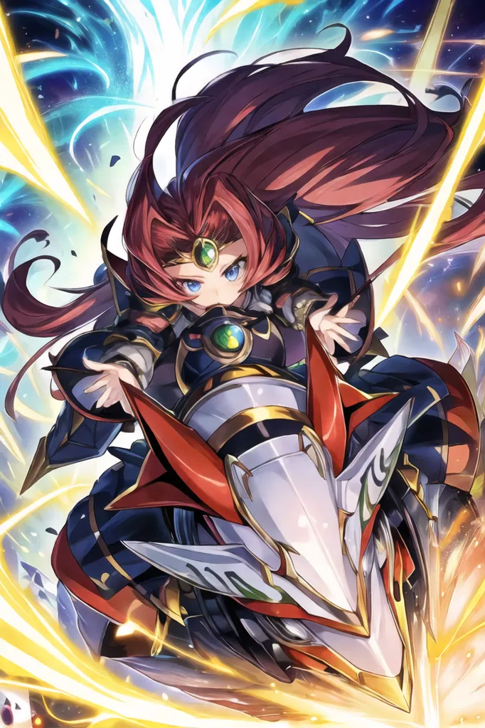 A girl with long red hair and blue eyes is riding on a white and red dragon. She is wearing a blue and white outfit and has a green gem on her forehead. The dragon is flying through a yellow and blue sky and there are explosions all around them.