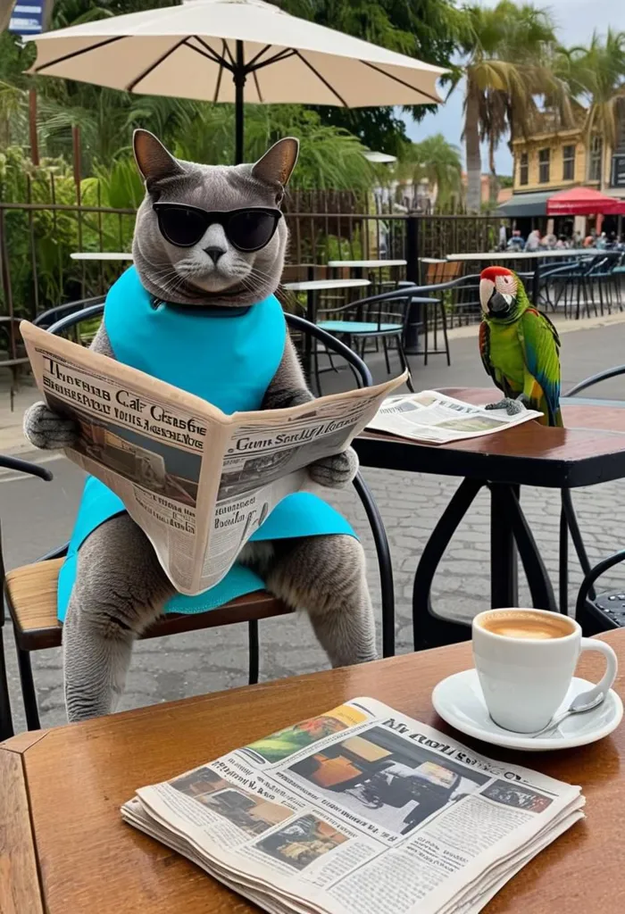 The image shows a cat wearing sunglasses and a blue apron sitting at a table in an outdoor cafe. The cat is reading a newspaper called "The Daily Planet". On the table is a cup of coffee and a parrot is sitting on the table next to the cat. The cat is looking at the parrot. In the background, there are people walking and sitting at tables.