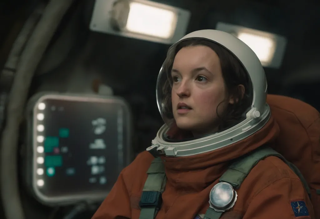 This is a picture of a young girl in a spacesuit. She is sitting in a spaceship and looking at the camera. The spacesuit has a white helmet with a clear visor. The suit is orange and has a lot of straps and buckles. The girl has brown hair and brown eyes. She looks serious and determined.