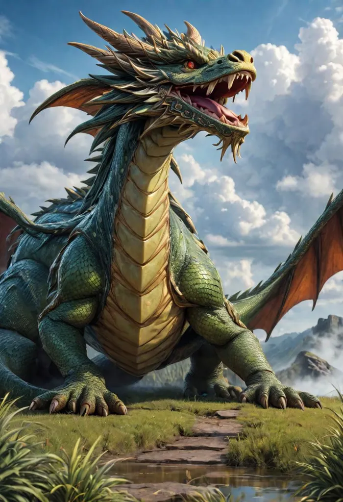 The green dragon is a fearsome creature with a long, serpentine body and powerful wings. Its scales are a deep green color, and its eyes are a bright, piercing red. The dragon's teeth are sharp and gleaming, and its claws are long and锋利的. The dragon is standing on a rocky hilltop, and it is surrounded by a lush green forest. In the background, there are tall mountains, and the sky is a clear blue.