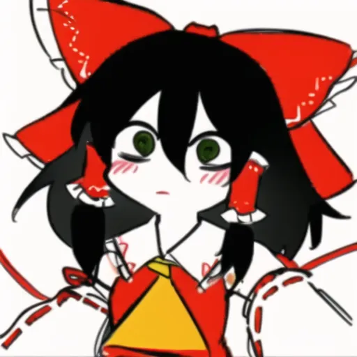 This is an image of a character with black hair and red eyes. She is wearing a red and white hat with a yellow bow. She is also wearing a red and white dress with a yellow collar. She has a shy expression on her face and is looking at the viewer with her head tilted down.