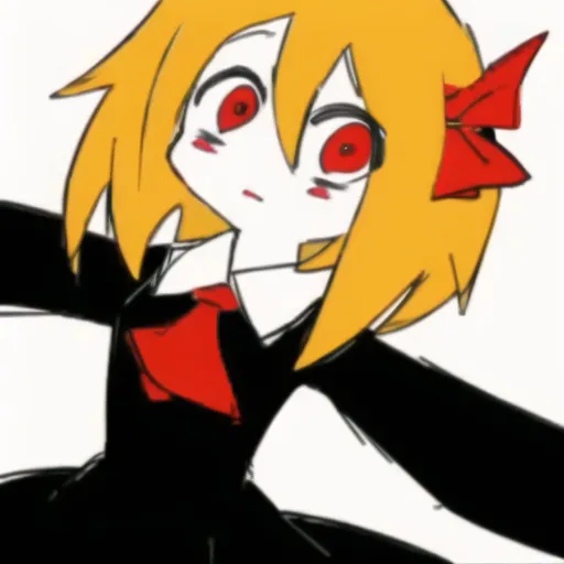 This is an image of a girl with yellow hair and red eyes. She is wearing a black dress with a white collar and a red bow in her hair. She has a surprised expression on her face and her arms are outstretched.