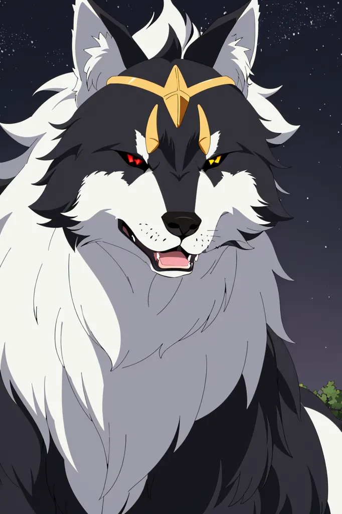 The image shows a wolf with black and white fur. The wolf is standing in a dark forest at night. The wolf is wearing a golden crown on its head. The wolf has red eyes and is showing its teeth. The wolf is growling and looks like it is about to attack.