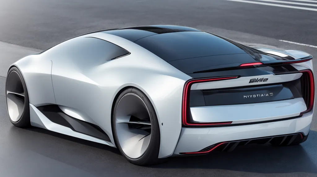 The image shows a white sports car with a futuristic design. It has a sleek, aerodynamic body and a large rear spoiler. The car is also very low to the ground, which gives it a sporty stance. The car has a black roof. The car has a red light on the back. The car has a silver wheel.