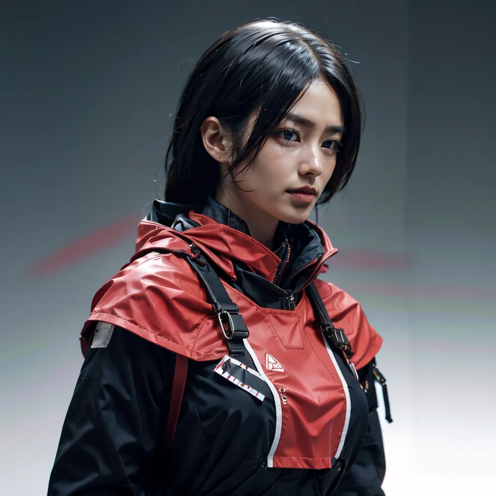 This is an image of a young woman, probably in her early 20s. She has long black hair, dark eyes, and a fair complexion. She is wearing a red and black jacket with a hood. The jacket has several straps and buckles. The woman is looking at the camera with a serious expression.