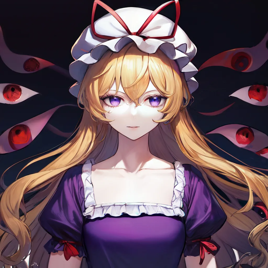 The picture shows a beautiful anime girl with long blond hair and purple eyes. She is wearing a white and red hat and a purple dress with a white collar. She has a serious expression on her face, and there are many red eyes in the background.