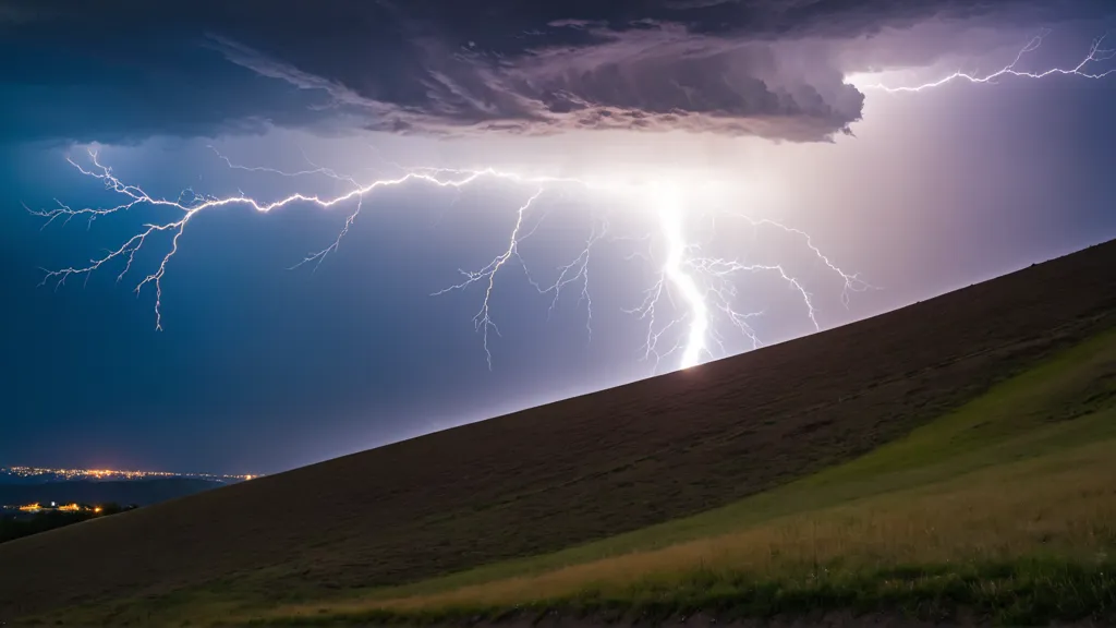 A bolt of lightning strikes the top of a hill during a summer storm. The lightning is bright white and illuminates the dark clouds and green hills. The storm is likely to cause a power outage and may also cause flooding.