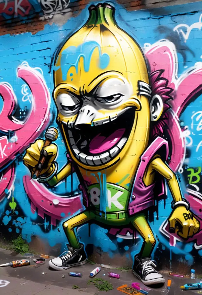 A graffiti of a banana holding a microphone. The banana is wearing a yellow jacket, green pants, and blue shoes. It has a big smile on its face and is surrounded by colorful letters and symbols.